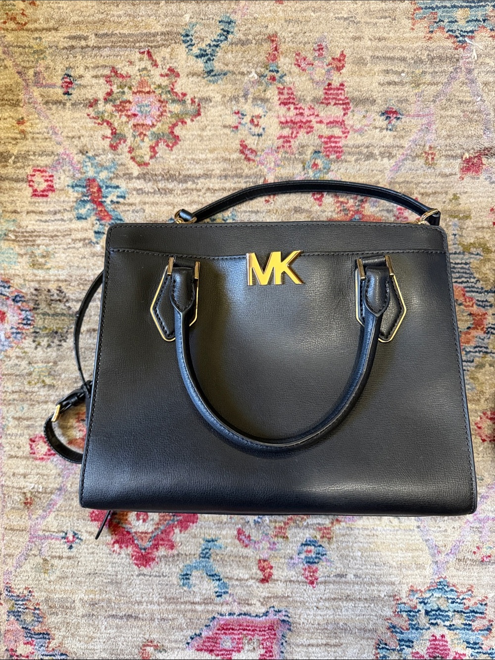 Michael Kors Black Leather Satchel with Gold MK Logo
